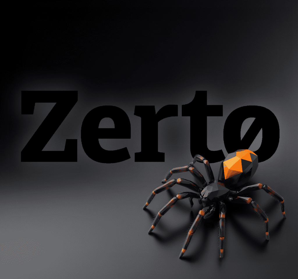 Stylized black and orange spider with geometric pattern beside bold text on a dark background.