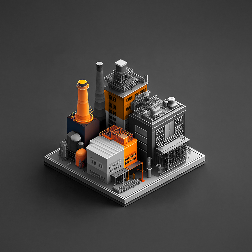 Isometric model of an industrial factory complex with orange accents on a gray background.