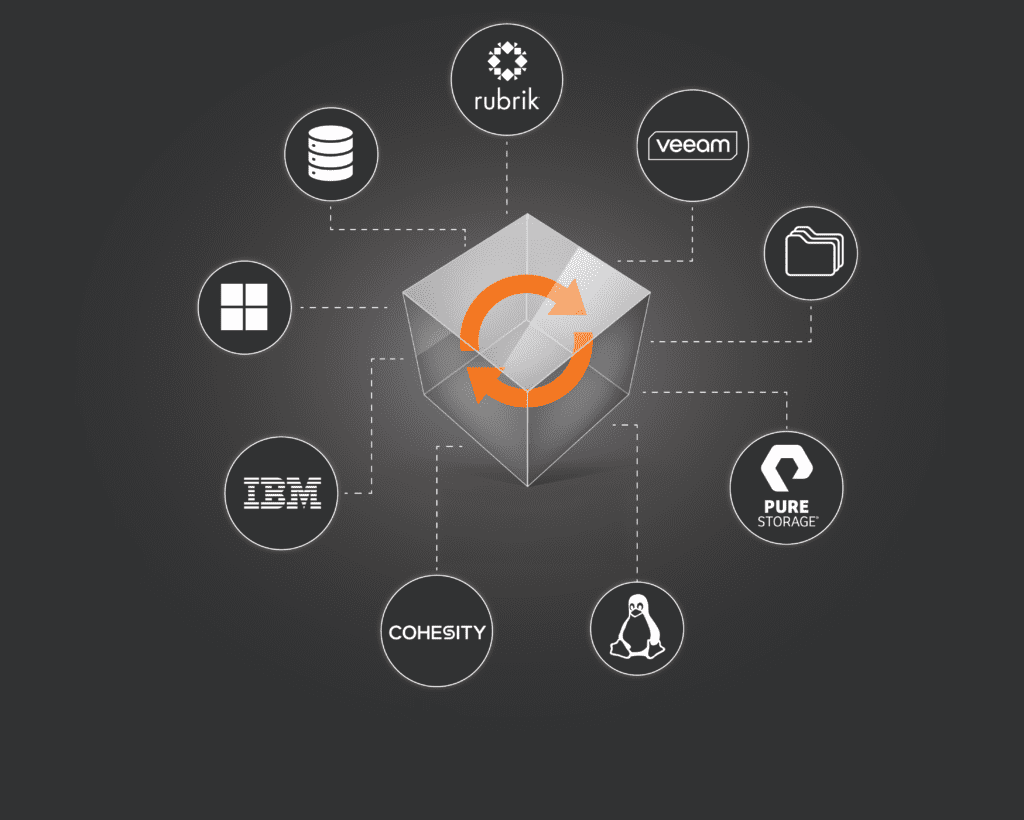 Central cube connected to various tech company logos, illustrating data integration and storage solutions.