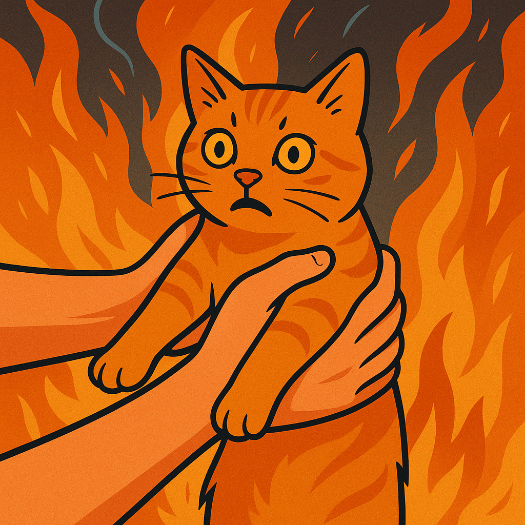 Illustration of a cat being held with a surprised expression, surrounded by flames in a stylized, cartoonish scene.