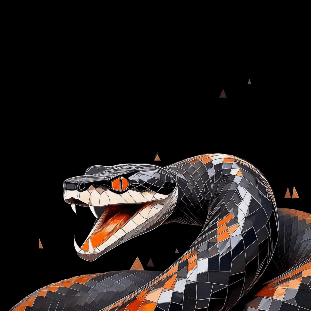 Abstract illustration of a fierce black and orange snake on a dark background.