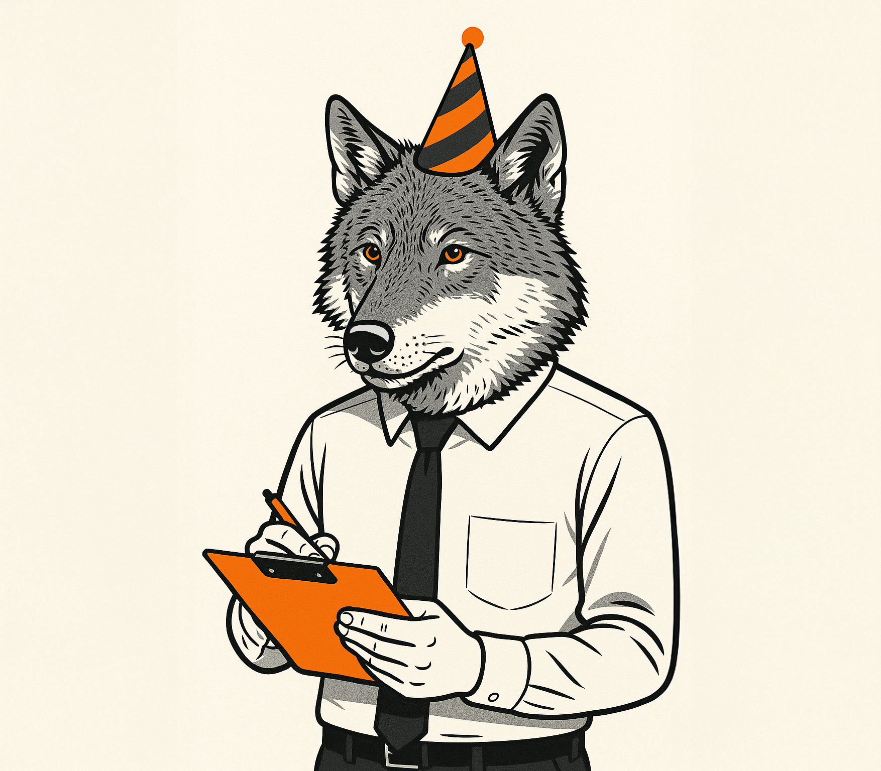 Wolf in a shirt and tie with a party hat, holding a clipboard, illustrates an office party theme.