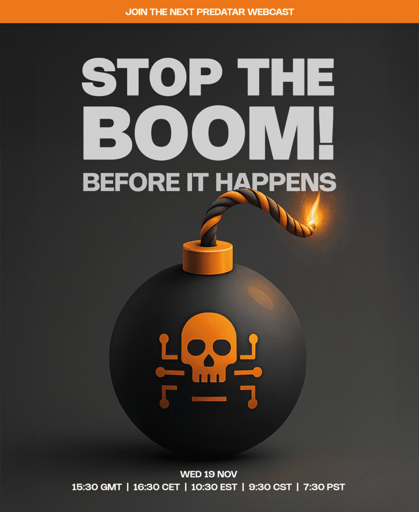 Join Predatar webcast: Stop the Boom! Cybersecurity awareness event on Nov 19, various time zones listed.