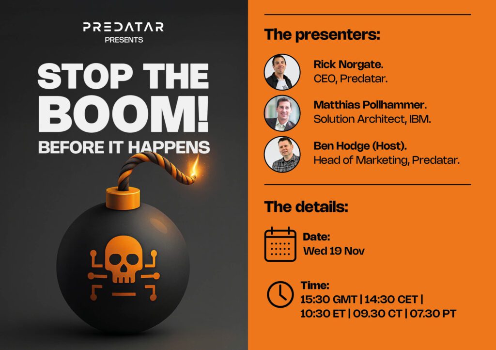 Predatar event promotion: Stop the Boom! Before It Happens with tech presenters on Nov 19.