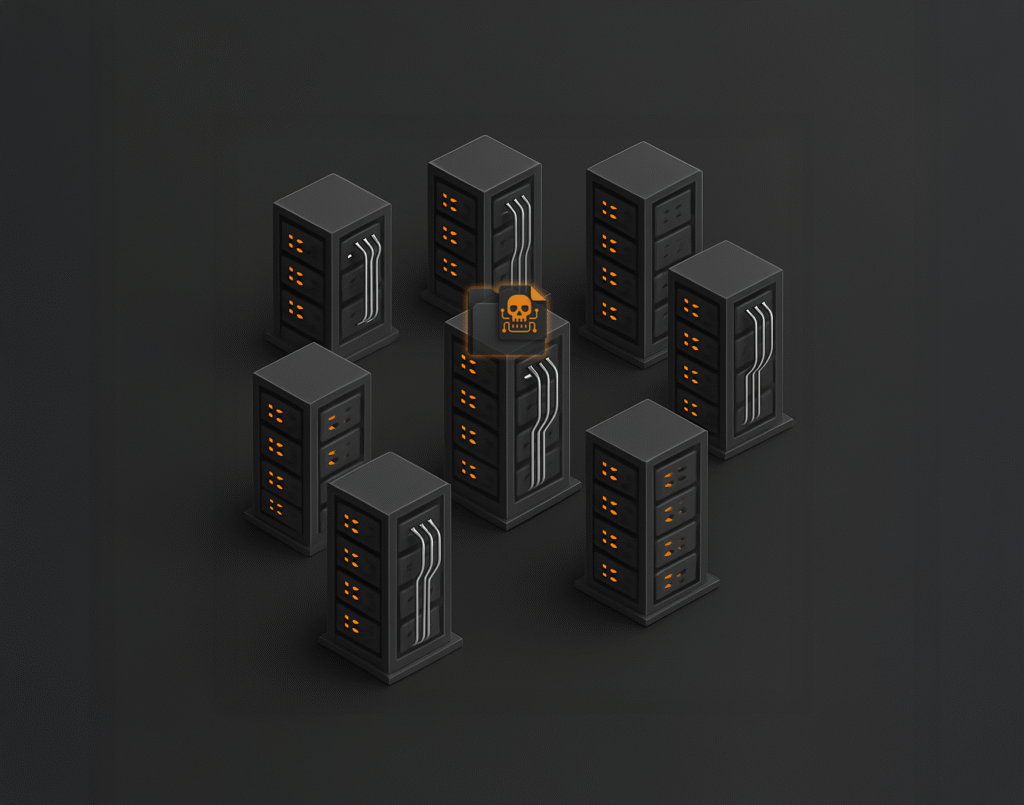 Eight dark servers with glowing orange lights and a central warning symbol, representing cybersecurity threats.