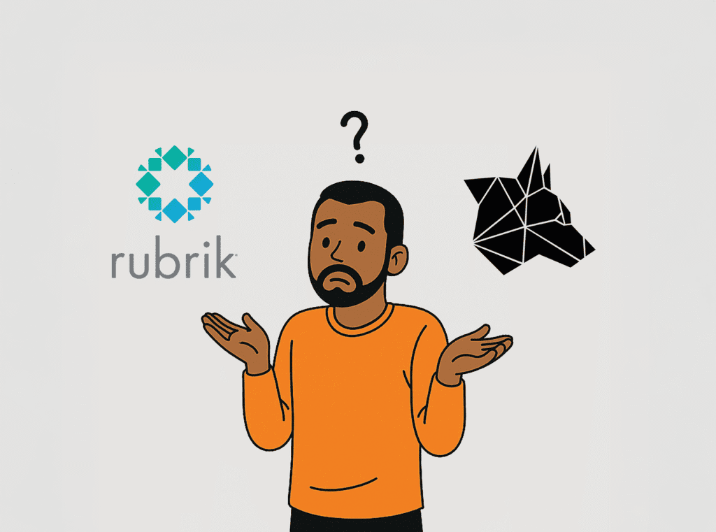 Illustration of a puzzled person deciding between Rubrik and a geometric wolf logo.