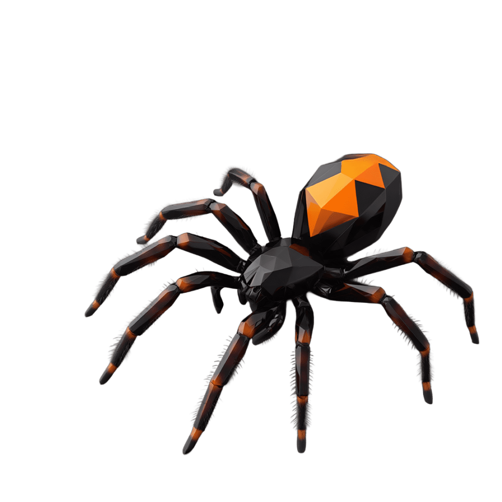 A geometric black-and-orange spider with angular design on a dark background.