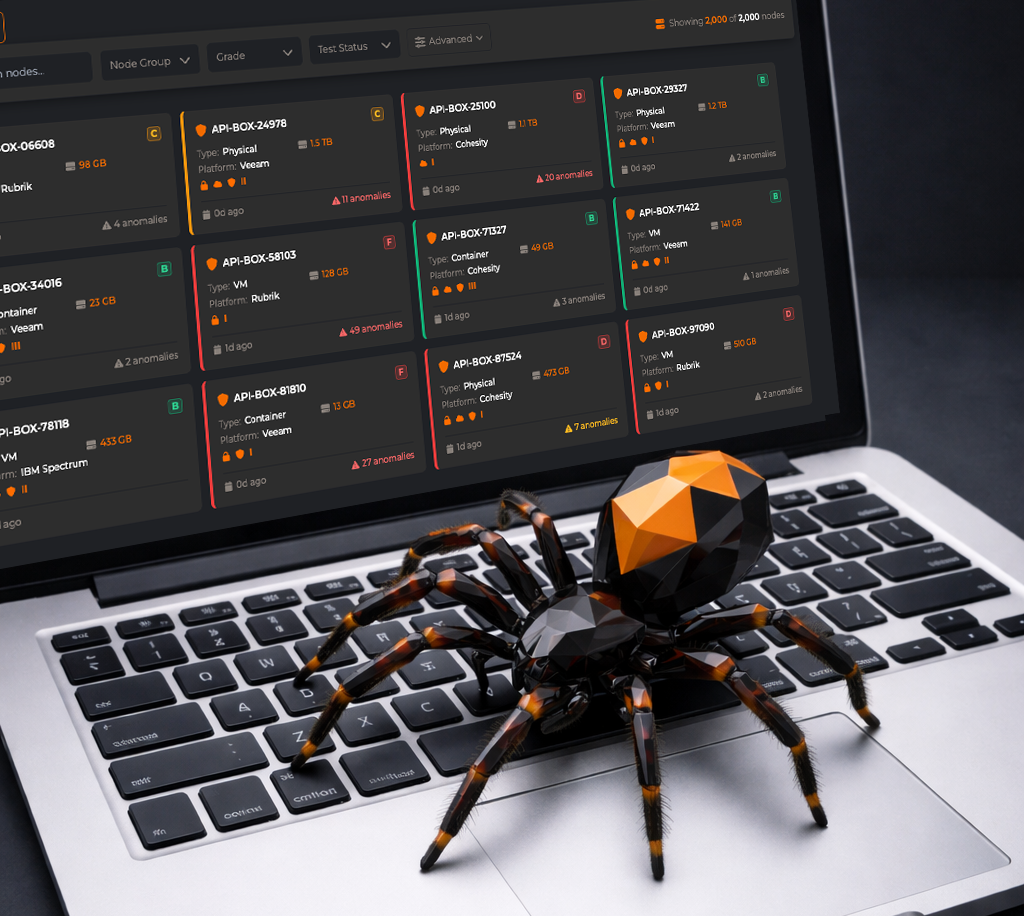 Geometric spider on laptop with data analytics dashboard displaying anomaly alerts and storage info.