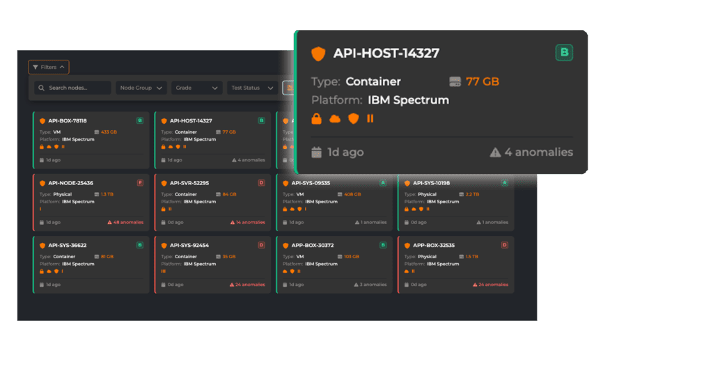 Dashboard view showing server nodes with storage metrics and anomalies on IBM Spectrum platform.