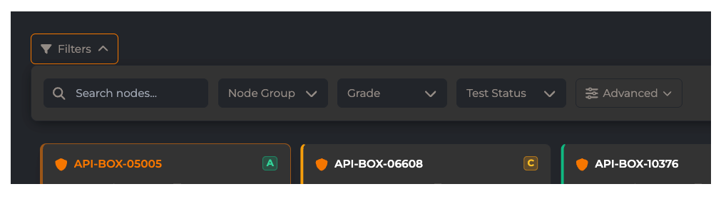 Dashboard interface with search filters for nodes, node group, grade, and test status.