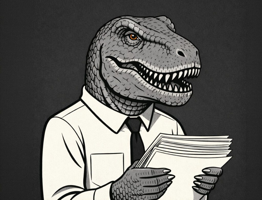 T-Rex in a business suit holding papers, combining prehistoric and professional themes in a humorous illustration.